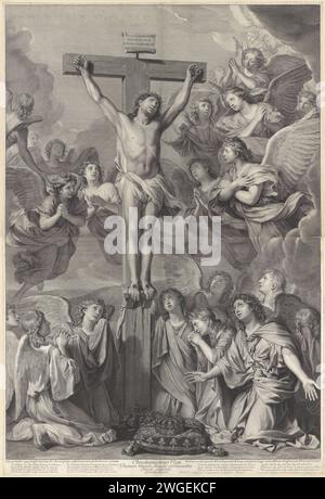 Christ sur la Croix, Gérard Edelinck, d'après Charles le Brun, 1666 - 1707 impression Une estampe en deux parties représentant le Christ sur la croix, entouré d'anges. Au premier plan, sur un oreiller, la couronne française. Sous le spectacle une inscription en latin et en français. Imprimeur : Parisafter peinture par : Pariséditor : ParisFrance gravure sur papier la crucifixion du Christ : la mort du Christ sur la croix ; Golgotha (Matthieu 27:45-45, Marc 15:44-58, Luc 23:33-52, Jean 19:25-38) (+ ange(s)) Banque D'Images