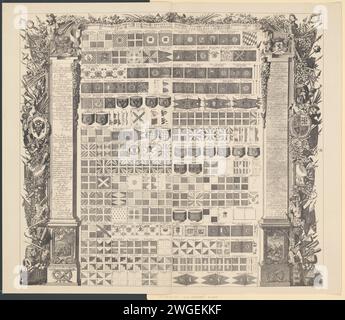 Bannières, standards et timbales conquis par les Hollandais pendant la guerre, 1713, 1914 vue d'ensemble des bannières, standards et tambours de tambours de chaudière conquis des Français, Espagnols et Bavarois par les Hollandais pendant la guerre de succession d'Espagne et exposés au Hof van Holland à la Haye. Chaque objet indique où il a été conquis et le régiment auquel il appartenait. De chaque côté des colonnes avec des affectations aux États. Dans un cadre avec des trophées d'armes et les armes des alliés. Reproduction photolithographique à l'original de 1713. Nord des pays-Bas photolithographie papier militaire Banque D'Images