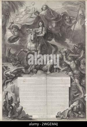 Portrait équestre allégorique de Louis XIV, roi de France, Gérard Edelinck, d'après Charles le Brun, 1677 impression d'Une estampe en deux parties avec une allégorie sur la victoire du roi Louis XIV Louis XIV est assis sur un cheval et piétine ses ennemis sous forme d'échantillons et de personnifications d'adversaires et de vices. La Sainte Trinité tient la couronne française au-dessus de la tête du roi. En plus de ses deux anges, dont l'un détient un drapeau avec des zones conquises par la France. Le texte sur la feuille inférieure fait référence au traité de J. N. Colbert, Sorbonne, 30 décembre 1677. Imprimeur : Parisafter design by : par Banque D'Images