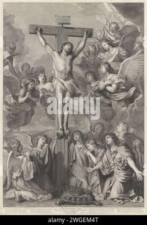 Christ sur la Croix, Gérard Edelinck, d'après Charles le Brun, 1666 - 1707 impression Une estampe en deux parties, représentant le Christ sur la croix, entouré d'anges. Au premier plan, sur un oreiller, la couronne française. Sous le spectacle une inscription en latin et en français. Imprimeur : Parisafter peinture par : Pariséditor : ParisFrance gravure sur papier la crucifixion du Christ : la mort du Christ sur la croix ; Golgotha (Matthieu 27:45-45, Marc 15:44-58, Luc 23:33-52, Jean 19:25-38) (+ ange(s)) Banque D'Images