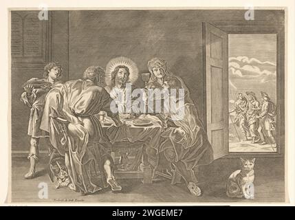 Repas à Emmaus, Anonyme, d'après Willem Isaacsz. Van Swanenburg, d'après Pieter van Sompel, d'après Pierre Paul Rubens, d'après Maerten de vos, 1645 - 1706 imprimer le Christ est assis à table avec ses élèves. Il bénit et brise le pain, ce qui fait que ses élèves le reconnaissent. A droite une femme donne un verre de vin et il y a un chien sous la table. Sur la droite dans la porte les Emmausgoers en route. Amsterdam papier gravure le souper à Emmaus : Christ est reconnu en bénissant ou en cassant le pain Banque D'Images