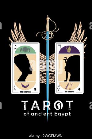 Tarot de l'Egypte ancienne. T-shirt design d'une épée ailée et de deux cartes de tarot appelé l'impératrice et l'empereur isolé sur noir Illustration de Vecteur