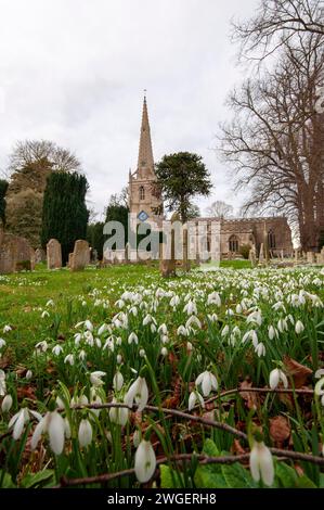 Uffington, Royaume-Uni. 4 février 2024. Un tapis de gouttes de neige dans le cimetière de St. Michael's and All Angels Church dans le magnifique village d'Uffington près de Stamford, Lincolnshire, Angleterre, Royaume-Uni. Crédit : Jonathan Clarke/Alamy Live News Banque D'Images