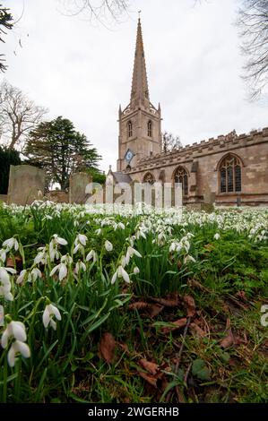 Uffington, Royaume-Uni. 4 février 2024. Un tapis de gouttes de neige dans le cimetière de St. Michael's and All Angels Church dans le magnifique village d'Uffington près de Stamford, Lincolnshire, Angleterre, Royaume-Uni. Crédit : Jonathan Clarke/Alamy Live News Banque D'Images