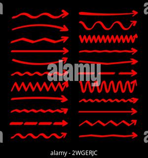 Flèches dessinées à la main, lignes surligneuses. Trait de marqueur rouge, trait souligné au pinceau. Pointeurs de texte manuscrits, notes, marques. Illustration vectorielle Illustration de Vecteur