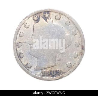 1909 American Liberty Head V nickel 5 cent Piece VG Good 5c US coin Collectible avant avers et arrière verso isolé sur fond blanc Banque D'Images