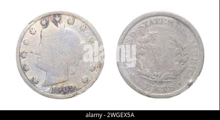 1909 American Liberty Head V nickel 5 cent Piece VG Good 5c US coin Collectible avant avers et arrière verso isolé sur fond blanc Banque D'Images