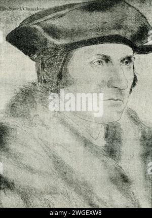 Cette peinture de Thomas Moore a été réalisée par Hans Hokbein et est conservée au château de Windsor en Angleterre. Sir Thomas More était un avocat anglais, juge, philosophe social, auteur, homme d'État, et a noté humaniste de la Renaissance. Il a également servi Henri VIII en tant que Lord High Chancelier d'Angleterre d'octobre 1529 à mai 1532. Hans Holbein le Jeune (mort en 1543) était un peintre et graveur germano-suisse qui a travaillé dans un style de la Renaissance du Nord, et est considéré comme l'un des plus grands portraitistes du 16e siècle. Banque D'Images