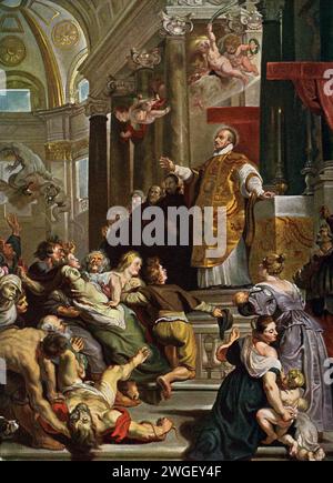 Ce tableau de Pierre Paul Rubens (1577-1640) montre Ignace Loyola guérissant ceux qui sont obsédés. Il est souvent intitulé : miracles de Saint Ignace de Loyola. Il était accroché en Belgique sur le maître-autel de l’église jésuite d’Anvers. Ignace de Loyola, était un prêtre catholique espagnol et théologien, qui, avec six compagnons. Il fonde l'ordre religieux de la Compagnie de Jésus, et en devient le premier supérieur général, à Paris en 1541. Pierre Paul Rubens (mort en 1640) était un artiste et diplomate flamand. Il est considéré comme l'artiste le plus influent de la tradition baroque flamande. Rubens est très chargé com Banque D'Images