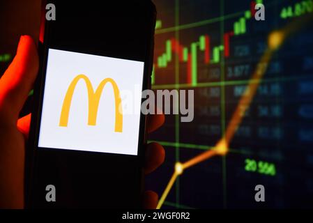 Illustrations des sociétés multinationales. Le logo McDonald de la chaîne américaine de restauration rapide est représenté sur un écran de smartphone contre des graphiques boursiers dans cette photo d'illustration à Varsovie, en Pologne, le 4 février 2024. Varsovie Pologne Copyright : xAleksanderxKalkax Banque D'Images