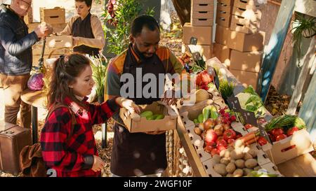 Divers vendeurs locaux préparant un comptoir de marché sain avec des fruits et des légumes dans des boîtes, vendant des produits naturels locaux. Jeunes agriculteurs présentant divers produits écologiques frais biologiques. Banque D'Images