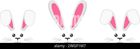 Ensemble de muselières de lapin mignons avec oreilles, yeux, nez, bouche et moustache. Éléments de décoration pour fête de Pâques, séances photo, cartes de voeux ou d'invitation, bannières de célébration. Illustration vectorielle à plat Illustration de Vecteur