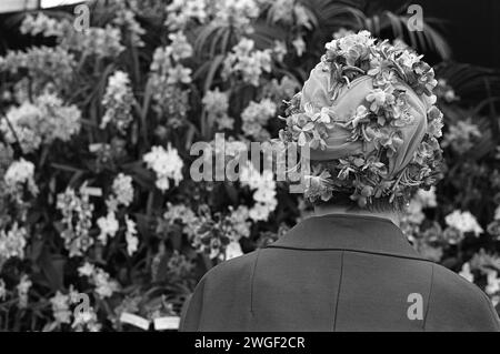 Chelsea Flower Show 1960s UK. Une femme portant un chapeau floral admire un stand de narcissi au Chelsea Flower Show. Chelsea, Londres, Angleterre mai 1969 HOMER SYKES Banque D'Images