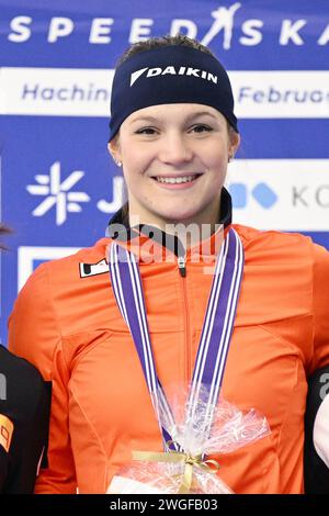 Aomori, Japon. Crédit : MATSUO. 4 février 2024. Angel Daleman (NED) Patinage de vitesse : coupe du monde junior ISU Patinage de vitesse 2023/24 cérémonie de remise des prix du 500m junior féminin à la YS Arena Hachinohe à Aomori, Japon. Crédit : MATSUO .K/AFLO SPORT/Alamy Live News Banque D'Images