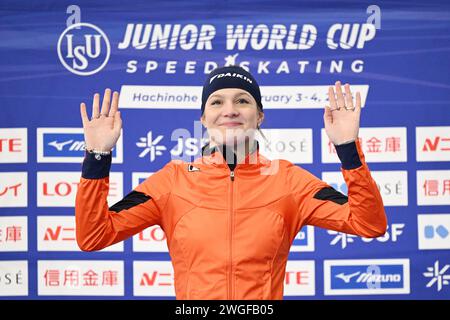 Aomori, Japon. Crédit : MATSUO. 4 février 2024. Angel Daleman (NED) Patinage de vitesse : coupe du monde junior ISU Patinage de vitesse 2023/24 cérémonie de remise des prix du 500m junior féminin à la YS Arena Hachinohe à Aomori, Japon. Crédit : MATSUO .K/AFLO SPORT/Alamy Live News Banque D'Images