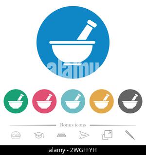 Icônes blanches plates pleines de mortier et de pilon sur des arrière-plans de couleur ronde. 6 icônes bonus incluses. Illustration de Vecteur