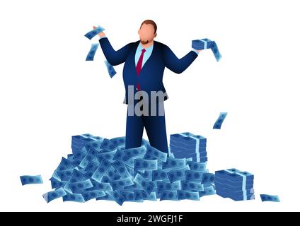 Gros homme d'affaires debout sur une grosse pile d'argent, capitaliste, riche, concept avide, illustration vectorielle Illustration de Vecteur