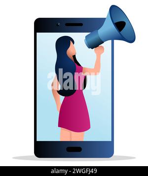 Figure féminine sort du téléphone portable en utilisant mégaphone, influenceur, blogger de beauté, auto-promotion sur les médias sociaux, illustration vectorielle Illustration de Vecteur