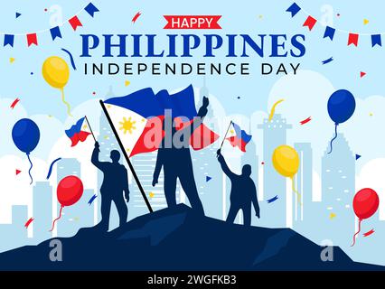 Illustration vectorielle du jour de l'indépendance des Philippines le 12 juin avec le drapeau et le ruban agités dans le fond de dessin animé plat de célébration de la fête nationale Illustration de Vecteur