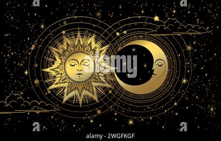 Soleil doré et lune sur fond de ciel nocturne noir, bannière d'astrologie mystique, impression de tarot céleste pour sorcière. Illustration vectorielle du zodiaque, future pred Illustration de Vecteur