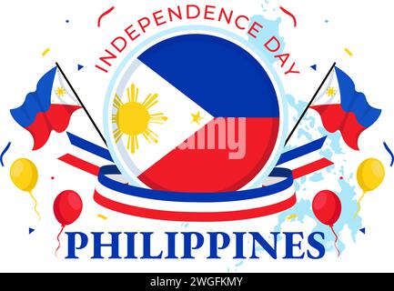 Illustration vectorielle du jour de l'indépendance des Philippines le 12 juin avec le drapeau et le ruban agités dans le fond de dessin animé plat de célébration de la fête nationale Illustration de Vecteur