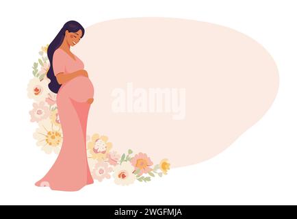 Carte de fête des mères, femme enceinte avec des fleurs et place pour le texte, mignonne dame attendant la naissance d'un bébé, concept de maternité, grossesse, famille. Illustration de Vecteur