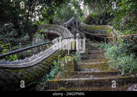 Mae SAI, Chiang Rai, Thaïlande. 17 janvier 2024. Escalier de dragon menant à une grotte au temple de Wat Tham Pla. Wat Tham Pla (temple des poissons de grotte) est également appelé le ''temple des singes'' pour les habitants thaïlandais, situé à 16 kilomètres de Mae SAI, la ville la plus septentrionale de la Thaïlande. (Crédit image : © Guillaume Payen/SOPA images via ZUMA Press Wire) USAGE ÉDITORIAL SEULEMENT ! Non destiné à UN USAGE commercial ! Banque D'Images