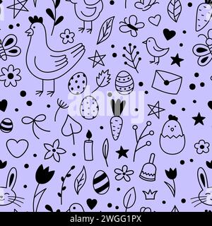 Joyeuses Pâques doodle motif sans couture. Personnages mignons vectoriels et éléments de conception - oeufs, lapin, lapins, poulets, fleurs de printemps, papillons, cœurs, étoiles. Illustration de gribouillage dessinée à la main Illustration de Vecteur