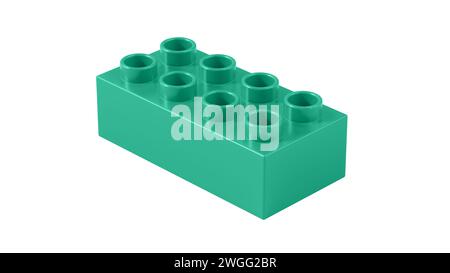 Jungle Green Plastic Lego Block isolé sur fond blanc. Brique de jouet pour enfants, vue en perspective. Vue rapprochée d'un bloc de jeu pour constructeurs. Banque D'Images