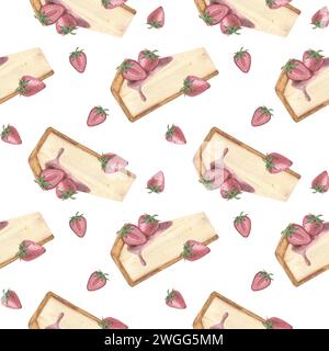 motif aquarelle sans couture avec une tranche de cheesecake à la fraise et des baies de fraise sur un fond blanc. Une illustration aquarelle faite à la main Banque D'Images