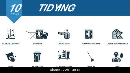 Icônes de rangement définies. Icônes créatives : nettoyage du verre, lessive, savon pour les mains, machine à laver, entretien de la maison, essuyer, poubelle, chariot de nettoyage, balai, femme de ménage. Illustration de Vecteur