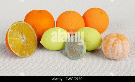Nature morte des fruits. Divers agrumes sont disposés sur la table : oranges, citrons, mandarines, clémentines. Banque D'Images