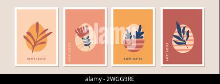 Collection de cartes de Pâques modernes. Illustration vectorielle de trois cartes de Pâques abstraites dans un style plat contemporain et des couleurs boho avec des œufs de Pâques Illustration de Vecteur