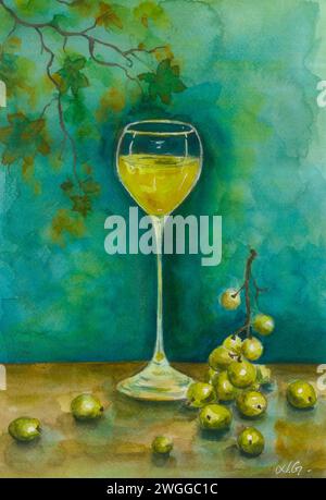 Aquarelle de verre de vin et de raisins. Banque D'Images