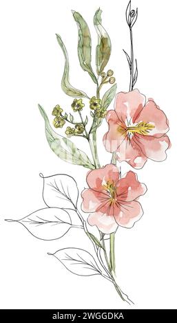 Aquarelle peinte à la main Meadow Florals illustration de bouquet, esquisse de liner clipart de fleurs sauvages, composition de fleurs de champ Banque D'Images