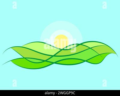 Paysage ondulé avec des collines verdoyantes et le soleil. Aube avec prairies vertes dans un style minimaliste. Aube au-dessus des champs verts. Conception pour affiches, impressions et interdiction Illustration de Vecteur