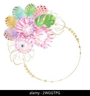 Cadre rond doré avec fleurs de protéa rose aquarelle, feuilles tropicales monstera, plumes colorées avec des éléments dorés. Design luxueux. Modèle pour Banque D'Images