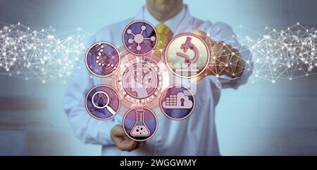 Un scientifique masculin méconnaissable est en train de brancher une application de microscopie dans une interface d'étude du cerveau. Concept scientifique pour les biosciences, l'ingénierie moléculaire, le bioen Banque D'Images