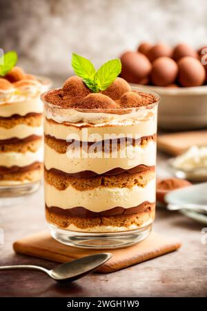 Chocolat Tiramisu affiché dans des tasses en verre. Banque D'Images