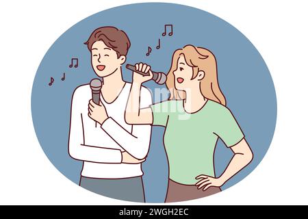 Homme et femme avec microphones, écoutez des chansons tout en profitant d'une pause karaoké le jour de la journée. Couple de mec et fille rêve de devenir des chanteurs célèbres, train performance de chansons célèbres. Image vectorielle plate Illustration de Vecteur