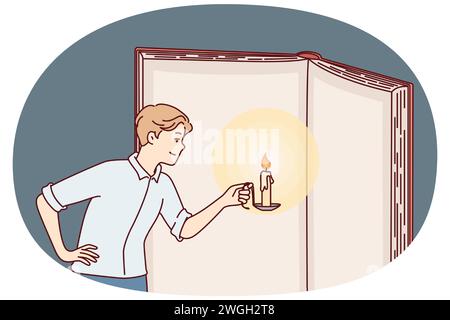 Homme curieux avec bougie dans les mains illumine les pages livre géant dans l'effort d'acquérir la connaissance. Guy est près d'un grand manuel ouvert étudiant l'information pour la formation avancée. Illustration vectorielle plate Illustration de Vecteur