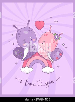 Mignon groovy aimant couple d'escargots fille et garçon sur arc-en-ciel. Drôle d'insecte ému personnage kawaii. Illustration vectorielle. Carte de Saint-Valentin cool avec Illustration de Vecteur