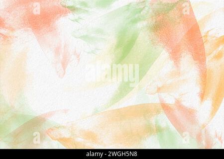 Fond aquarelle pastel doux avec des formes de pinceau abstrait vert, pêche et orange sur blanc. Banque D'Images