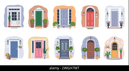 Portes de maison. Entrée principale de l'appartement, mur de fleurs à la maison avec lampe de porche et tapis de bienvenue. Porte en verre et bois. Extérieur architectural moderne et classique. Eléments isolés. Ensemble de dessins animés plats vectoriels Illustration de Vecteur