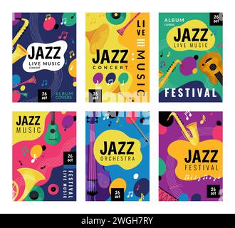 Affiche du festival de musique. Instruments de concert piano classique, guitare rétro, saxophone pour bannière de groupe. Invitations pour orchestre de jazz. Motif flyer abstrait. Fond d'art vectoriel, illustration plate de dessin animé Illustration de Vecteur