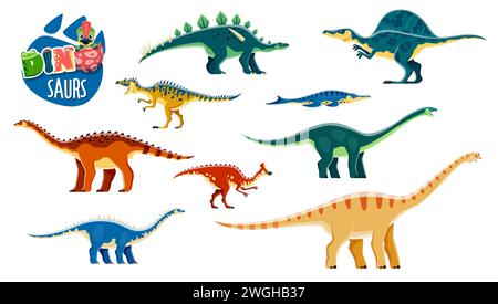 Dinosaure de dessin animé, personnages reptiles éteints. Animal préhistorique, lézards de l'ère Jurassique. Kotasaurus, Amygdalodon, Oxalaia et Lexovisaurus, Aragosaurus, vecteur de dinosaure néovenateur personnages drôles Illustration de Vecteur