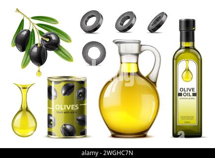 Olives noires, pot réaliste, canette et bouteille d'huile d'olive. Récipient isolé en étain de vecteur 3d avec des olives dossertes et sombres, préservant leur saveur riche et saupoudrée. Récipient en verre contenant du liquide doré pour la cuisine Illustration de Vecteur