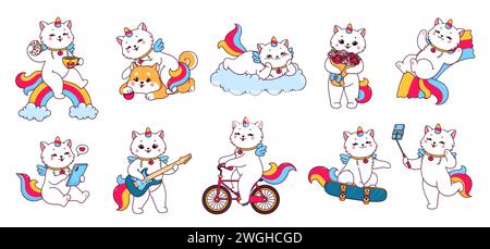 Jeu de personnages de chat cationcorn mignon de dessin animé et chaton. Personnages vectoriels drôles de chat licorne chevauchant l'arc-en-ciel, le nuage, le vélo et le skateboard. Animaux cationcorn magiques jouant de la guitare, faisant du selfie et des textos Illustration de Vecteur