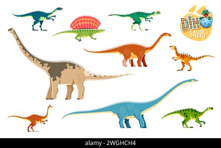 Dinosaures de dessin animé, personnages de reptiles mignons. Animal éteint, lézard vecteur de paléontologie. Dryosaurus, Edaphosaurus, Cetiosaurus et Scutellosaurus, Paralititan, Mamenchisaurus dinosaures personnages Illustration de Vecteur