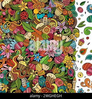 Illustration de la bordure à motif joyeux Pâques. Spring Holiday éléments et objets dessin animé cadre arrière-plan. Tous les éléments sont séparés Illustration de Vecteur